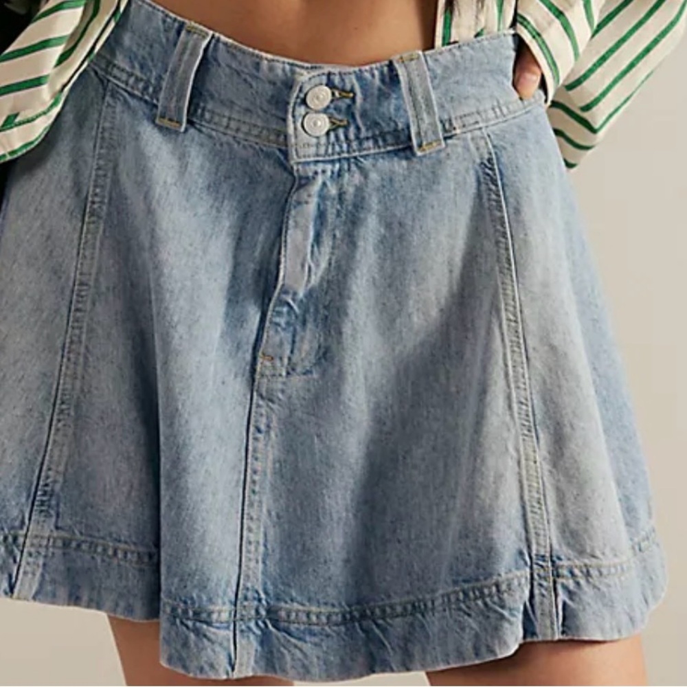 Free People Light Wash Denim A-Line Mini Skirt
